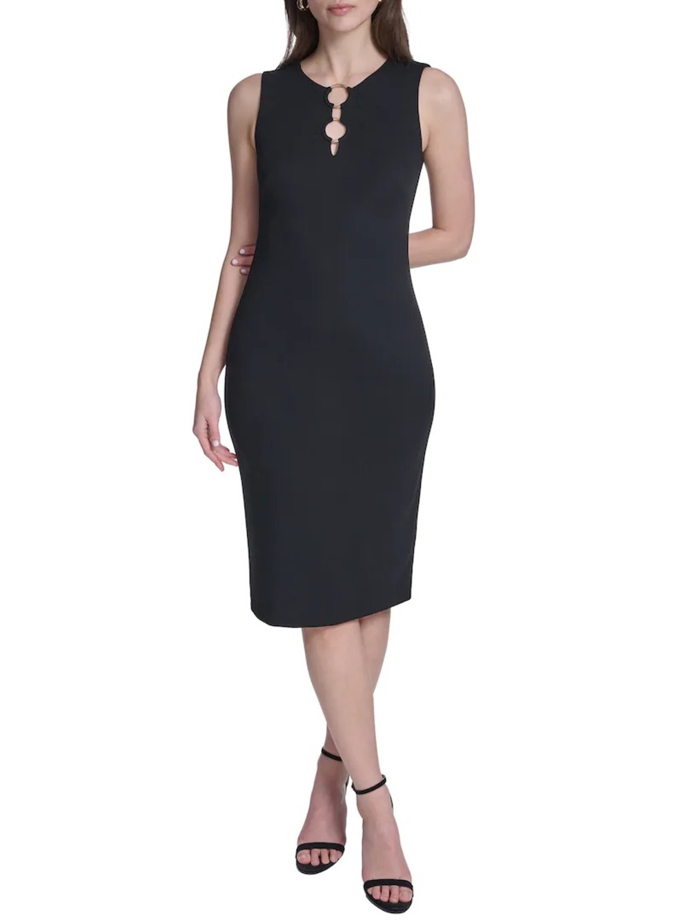 Vince Camuto Black Sleeveless Midi Sheath Dress with Keyhole Rings